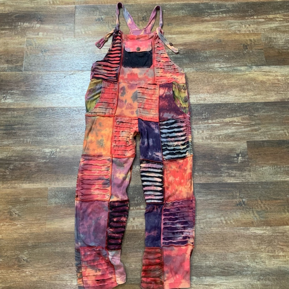 Tie Dye Razor Cut Patchwork Overalls Size OSFM - Picture 2 of 6